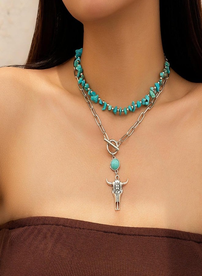 MarveBard Layered Western Necklace for Women Vintage Turquoise Beaded Choker Necklace Star Bull Head Shell Cactus Necklace Country Concert Cowgirl Dresses Jewelry Accessories (Ox-Head Paerclip Chain) - Image 5